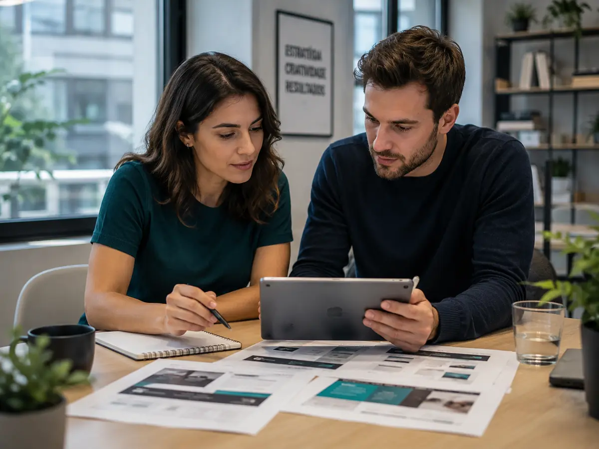 Dupla revisando layouts de site em um tablet sobre a mesa