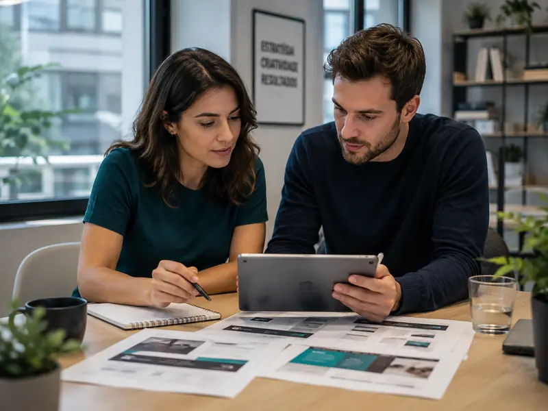 Dupla revisando layouts de site em um tablet sobre a mesa