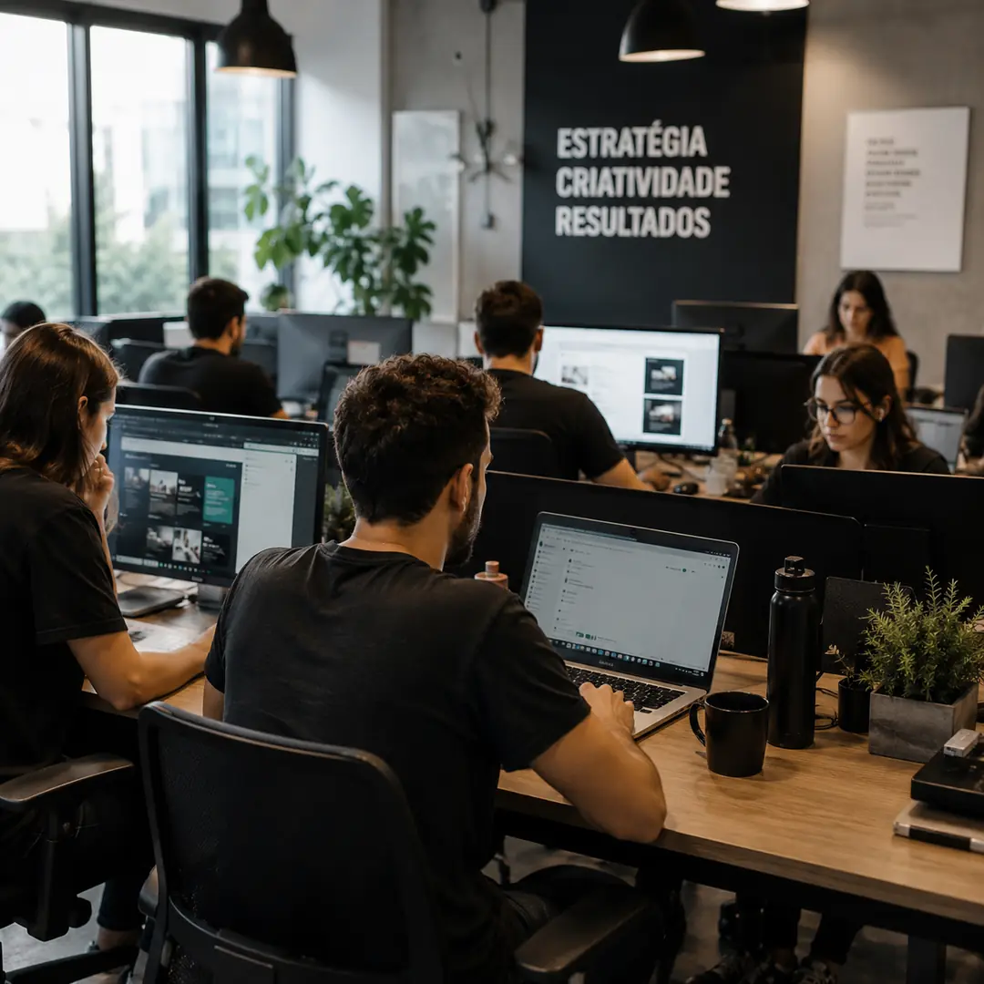 Ambiente de trabalho com as palavras Estratégia, Criatividade e Resultados na parede