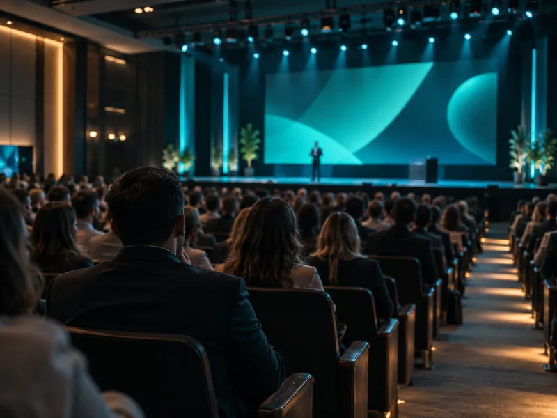 Imagem ilustrativa de congresso em auditório, com público de costas e palco iluminado em teal