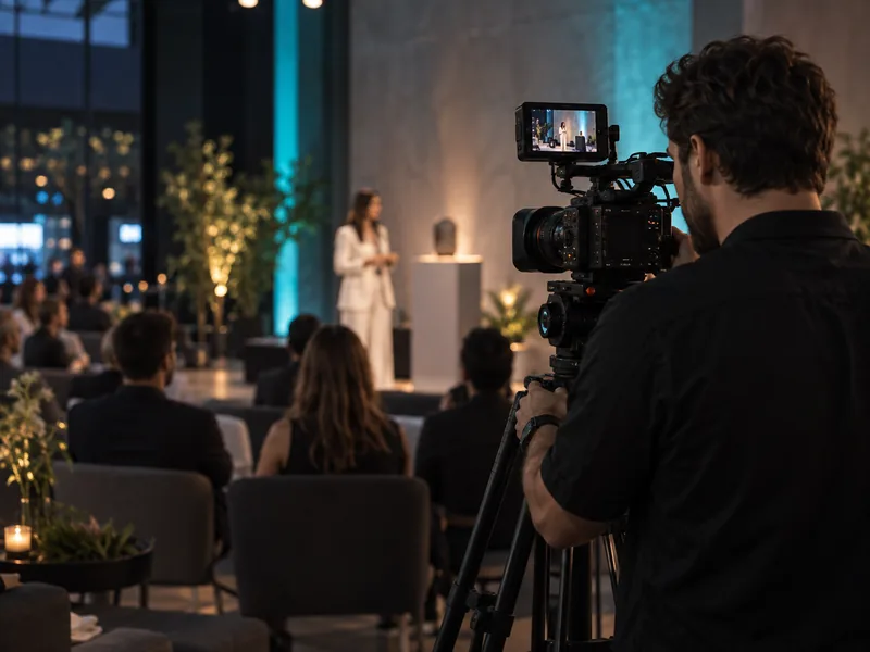 Profissional de vídeo filmando um evento empresarial com câmera profissional