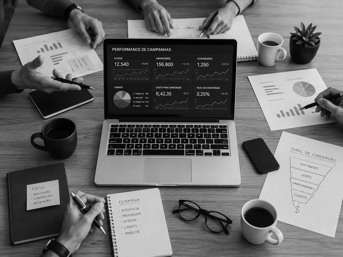 Notebook em uma mesa de trabalho com visualização de campanhas